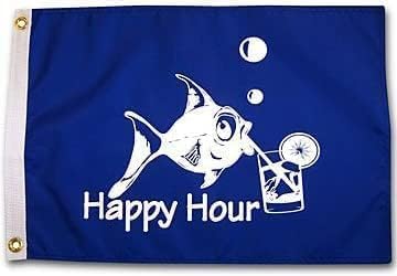 12x18 Fly Flag Blue Happy Hour Royal Fish Sign Boat Accessories also for Indoor Outdoor, Lawn and Garden Decor Drinking Funny Flags Cocktail Banners