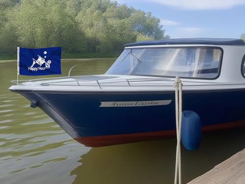 12x18 Fly Flag Blue Happy Hour Royal Fish Sign Boat Accessories also for Indoor Outdoor, Lawn and Garden Decor Drinking Funny Flags Cocktail Banners