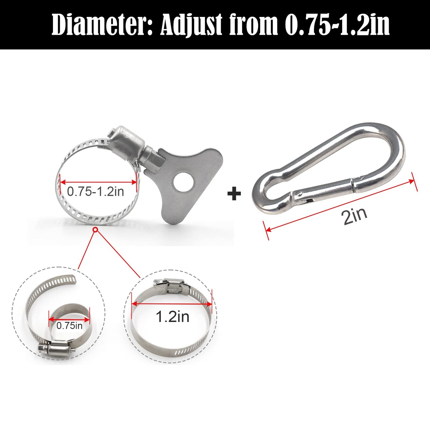 Whip Flag Clips with Carabiner Clamp, Flag Clips for Outside, Stainless Steel Flag Pole Clips for Flagpole to Hold Flag with Pole Rings 0.75-1.2 Inches Diameter for Boat, Truck, Atv, Garden (2 Pack)