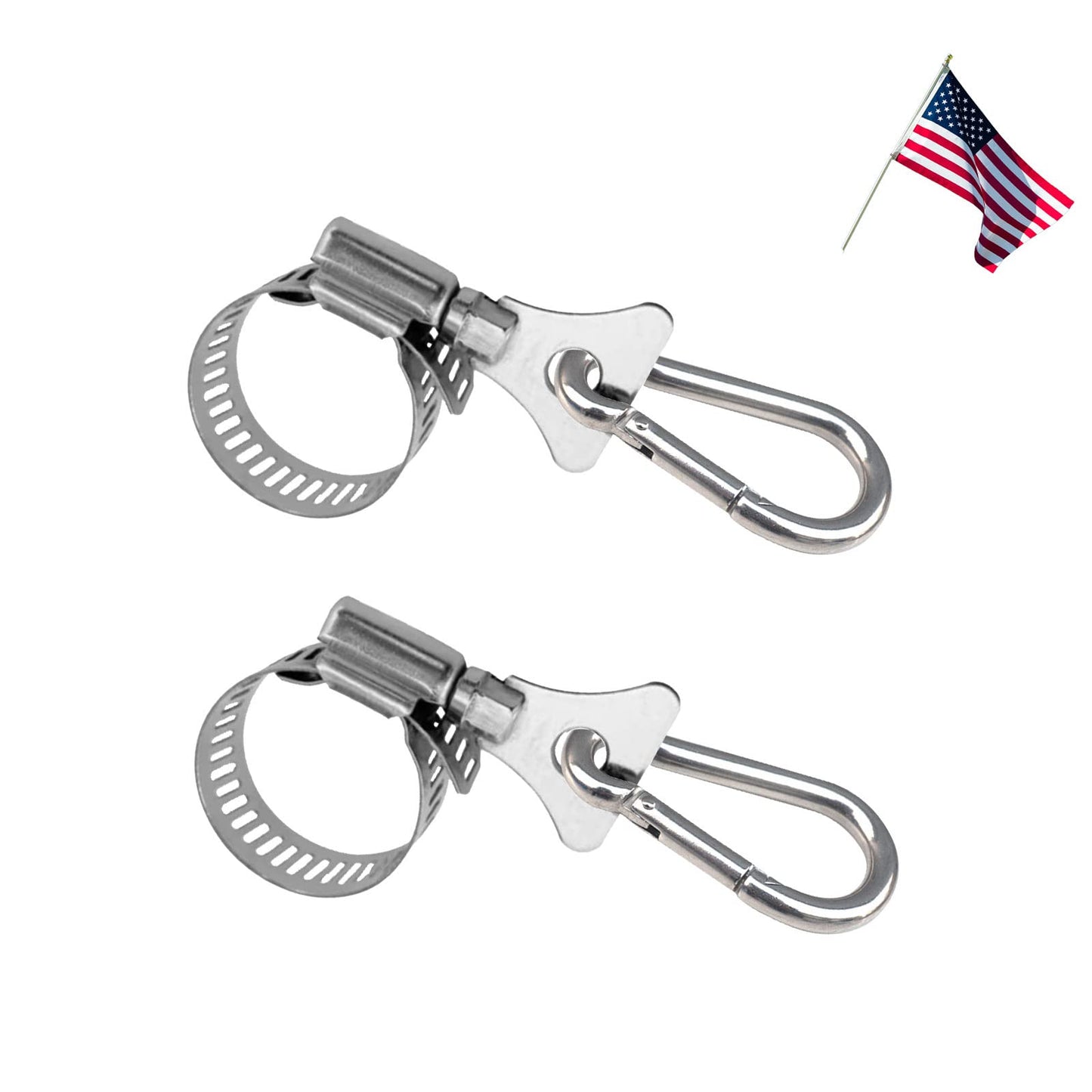 Whip Flag Clips with Carabiner Clamp, Flag Clips for Outside, Stainless Steel Flag Pole Clips for Flagpole to Hold Flag with Pole Rings 0.75-1.2 Inches Diameter for Boat, Truck, Atv, Garden (2 Pack)