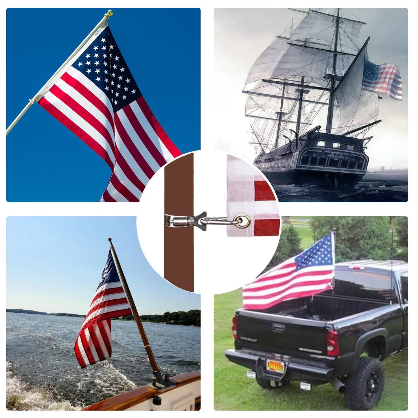 Whip Flag Clips with Carabiner Clamp, Flag Clips for Outside, Stainless Steel Flag Pole Clips for Flagpole to Hold Flag with Pole Rings 0.75-1.2 Inches Diameter for Boat, Truck, Atv, Garden (2 Pack)