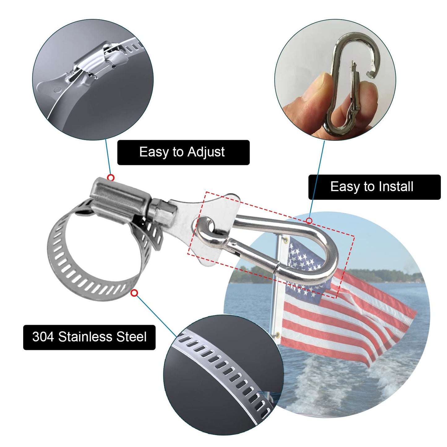 Whip Flag Clips with Carabiner Clamp, Flag Clips for Outside, Stainless Steel Flag Pole Clips for Flagpole to Hold Flag with Pole Rings 0.75-1.2 Inches Diameter for Boat, Truck, Atv, Garden (2 Pack)