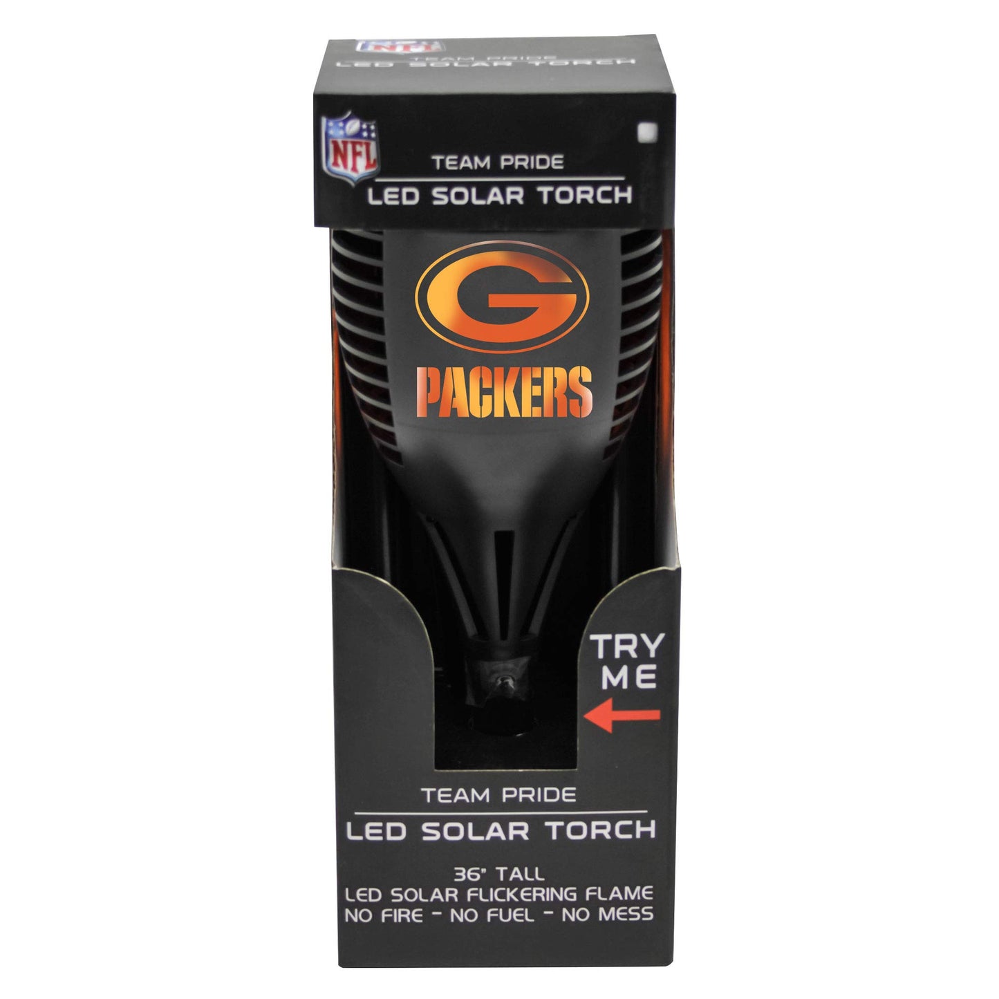 Sporticulture NFL Green Bay Packers LED Solar Torch - 4" x 4" x 36" Waterproof & Sun Damage Resistant Solar Light with Flickering Flame - Perfect Decor for Patio, Front Porch or Poolside Landscape