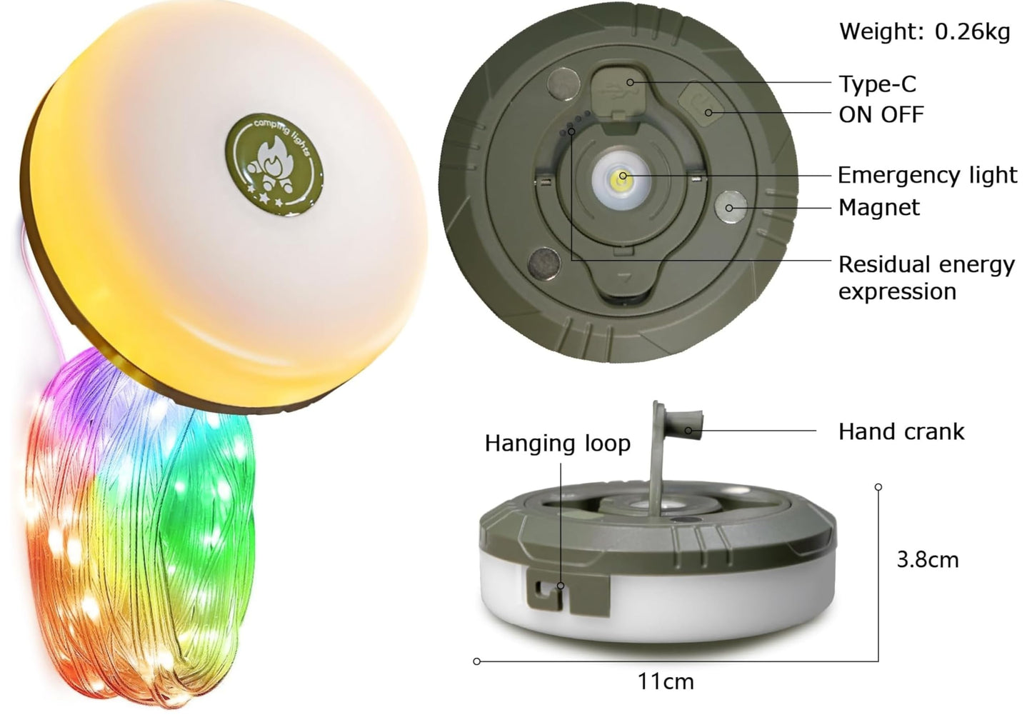 Camping String Lights,Camping Essentials Gear 32.8FT Lamp Lights Waterproof, 4 in 1 Outdoor String Lights with 8 Modes for Awn Tent Yard Garden Hiking Travel Decoration and Holiday Christmas Gift