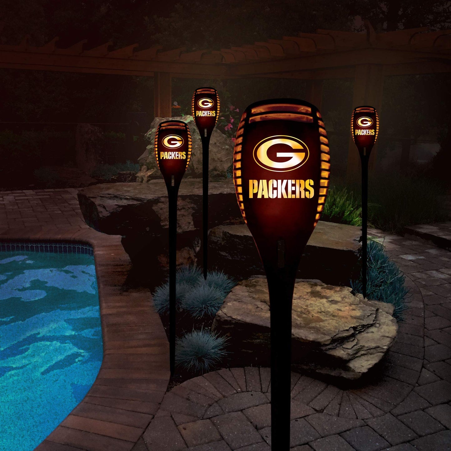 Sporticulture NFL Green Bay Packers LED Solar Torch - 4" x 4" x 36" Waterproof & Sun Damage Resistant Solar Light with Flickering Flame - Perfect Decor for Patio, Front Porch or Poolside Landscape