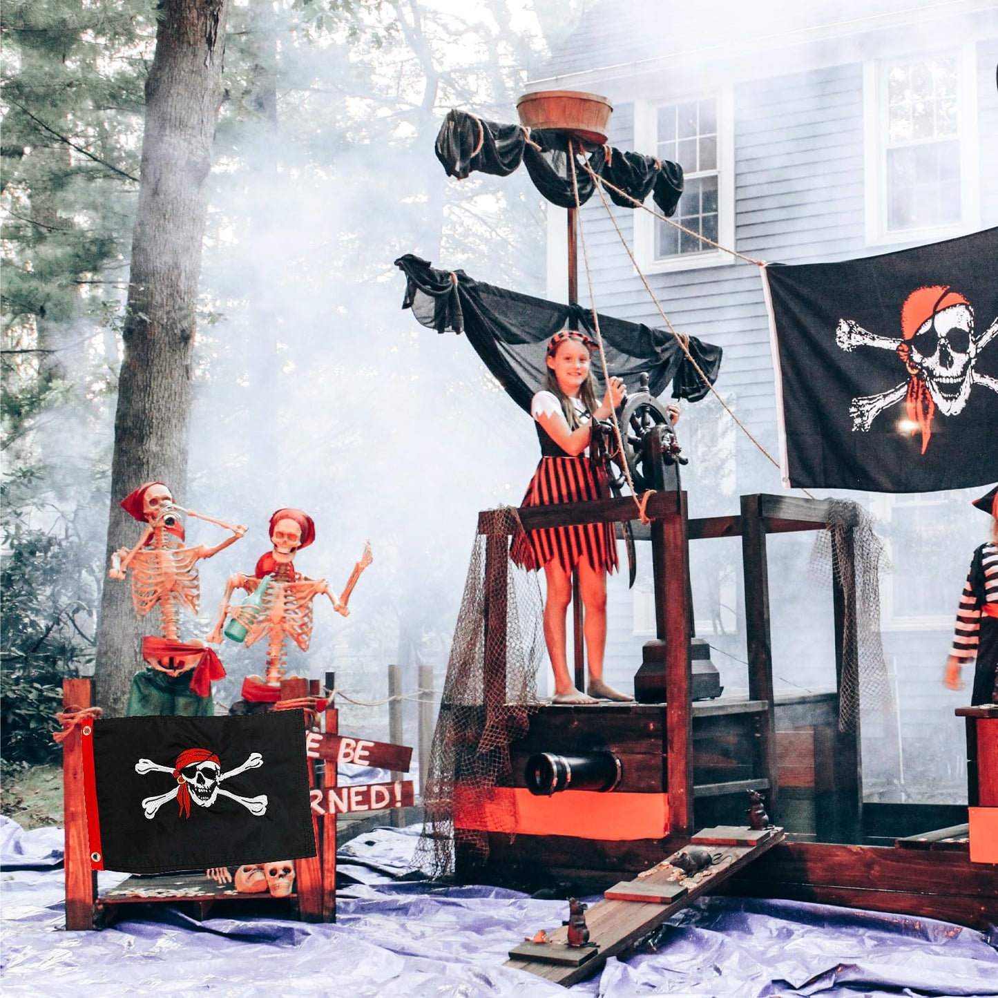 TOPFLAGS Pirate Boat Flag 12x18 Inch Jolly Roger Red Scarf Flag Embroidered Nylon with 2 Brass Grommets 4 Stitching Rows Heavy Duty Fade Proof Water-resistant Skull Banner for Outdoor Indoor