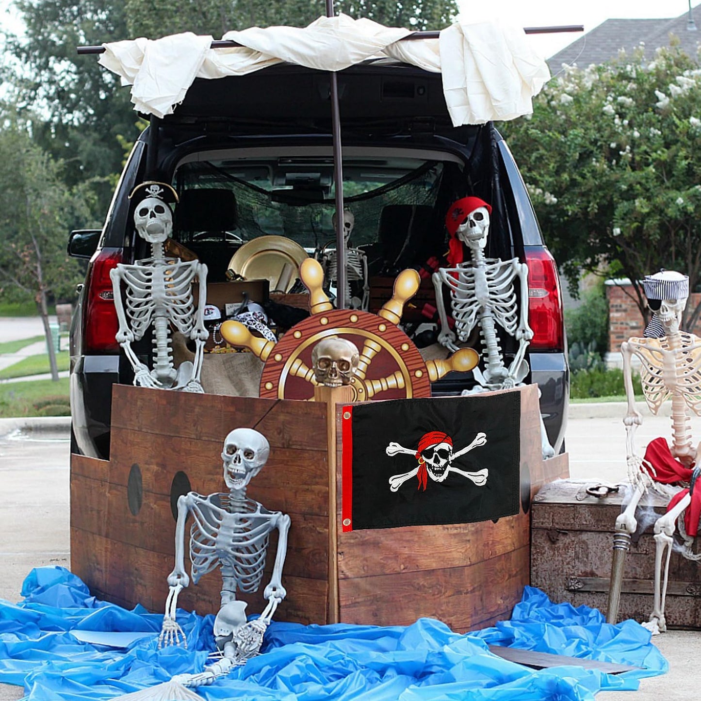 TOPFLAGS Pirate Boat Flag 12x18 Inch Jolly Roger Red Scarf Flag Embroidered Nylon with 2 Brass Grommets 4 Stitching Rows Heavy Duty Fade Proof Water-resistant Skull Banner for Outdoor Indoor