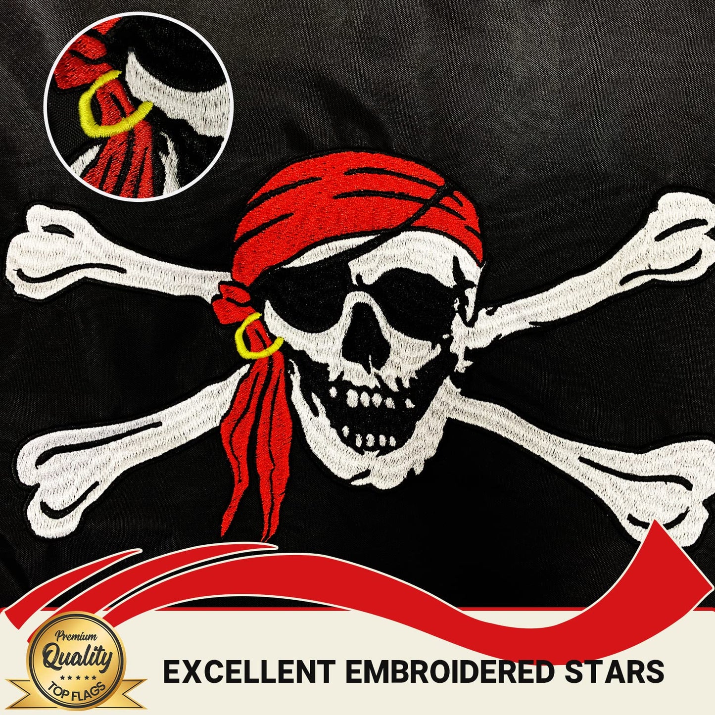 TOPFLAGS Pirate Boat Flag 12x18 Inch Jolly Roger Red Scarf Flag Embroidered Nylon with 2 Brass Grommets 4 Stitching Rows Heavy Duty Fade Proof Water-resistant Skull Banner for Outdoor Indoor