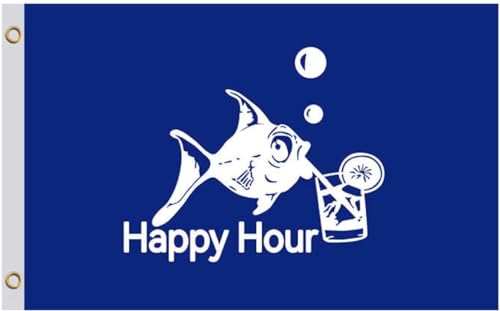 12x18 Fly Flag Blue Happy Hour Royal Fish Sign Boat Accessories also for Indoor Outdoor, Lawn and Garden Decor Drinking Funny Flags Cocktail Banners