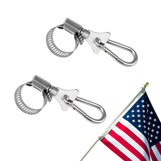 Whip Flag Clips with Carabiner Clamp, Flag Clips for Outside, Stainless Steel Flag Pole Clips for Flagpole to Hold Flag with Pole Rings 0.75-1.2 Inches Diameter for Boat, Truck, Atv, Garden (2 Pack)