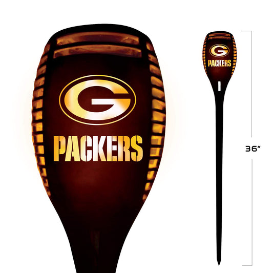 Sporticulture NFL Green Bay Packers LED Solar Torch - 4" x 4" x 36" Waterproof & Sun Damage Resistant Solar Light with Flickering Flame - Perfect Decor for Patio, Front Porch or Poolside Landscape