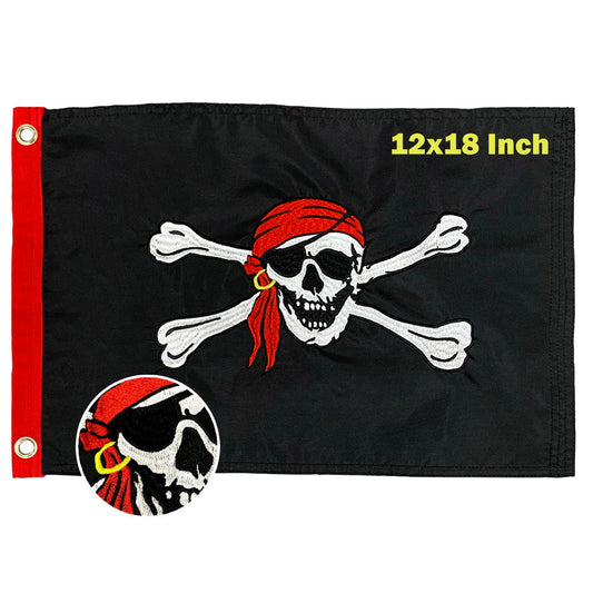 TOPFLAGS Pirate Boat Flag 12x18 Inch Jolly Roger Red Scarf Flag Embroidered Nylon with 2 Brass Grommets 4 Stitching Rows Heavy Duty Fade Proof Water-resistant Skull Banner for Outdoor Indoor