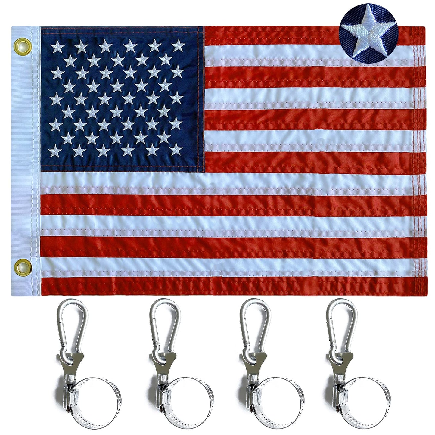 WDGG American Flag for Boat Flags Marine 12x18- (4 Heavy Duty Clips) Embroidered Stars and Brass Grommets (Resistant To Sunlight & Saltwater) US Boat Cabin Flag for Various Boat, Yacht